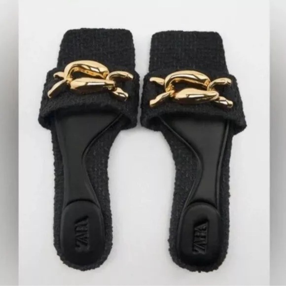 Zara Tweed Slide in Sandals with Chunky Gold Jeweled Embellishment Size 10 NWT - Picture 2 of 5